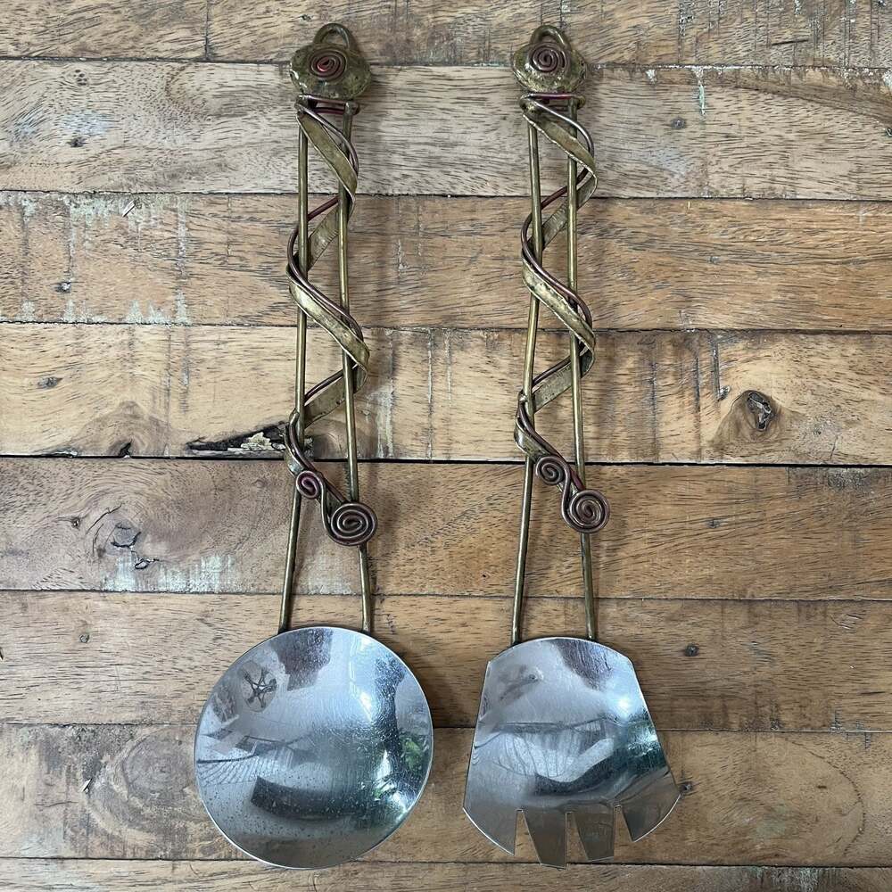 Handcrafted Brass Salad Server Set Fork Spoon Unique Spiral Handle